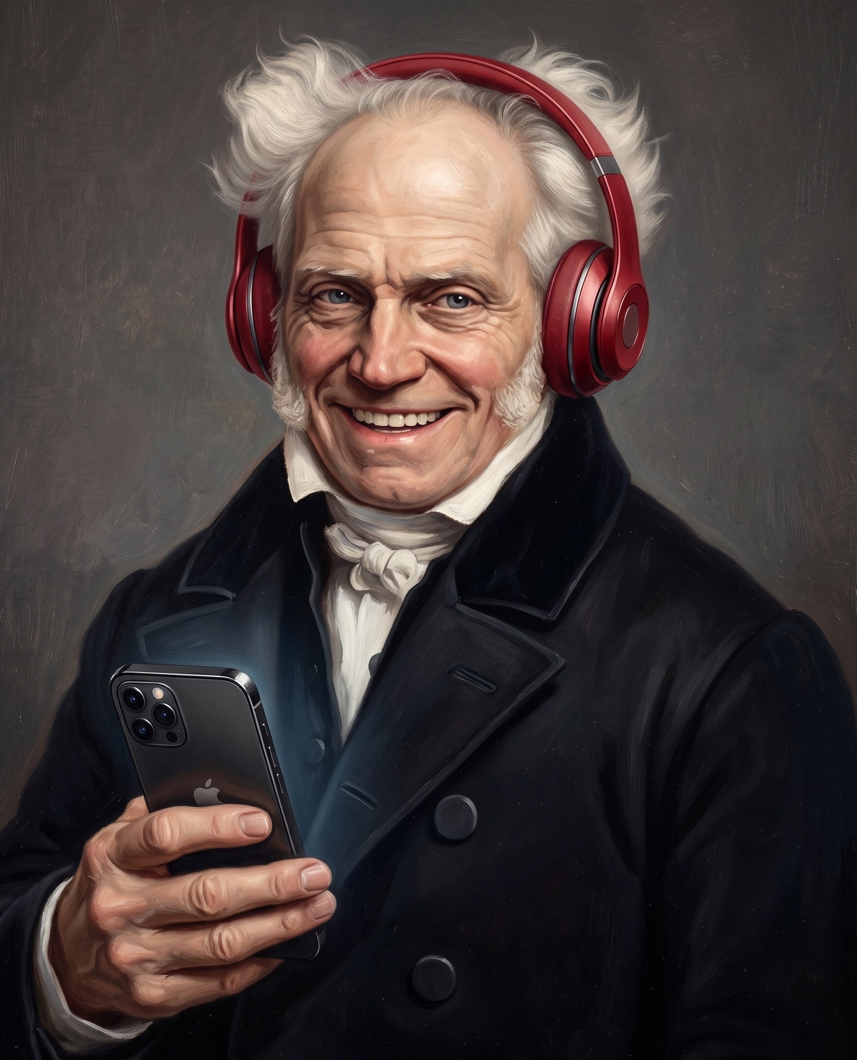 Stylized portrait of Arthur Schopenhauer with red headphones holding an iPhone — a classical reference embracing the modern form.