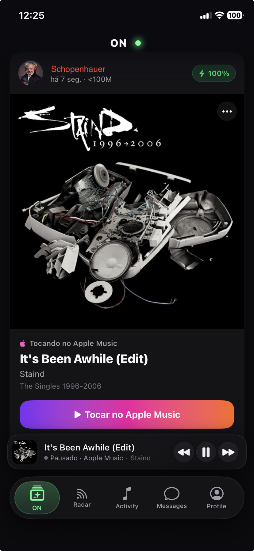 WillRebel app — ON tab showing "It's Been Awhile (Edit)" by Staind playing on Apple Music, with active tune-in at 100%.